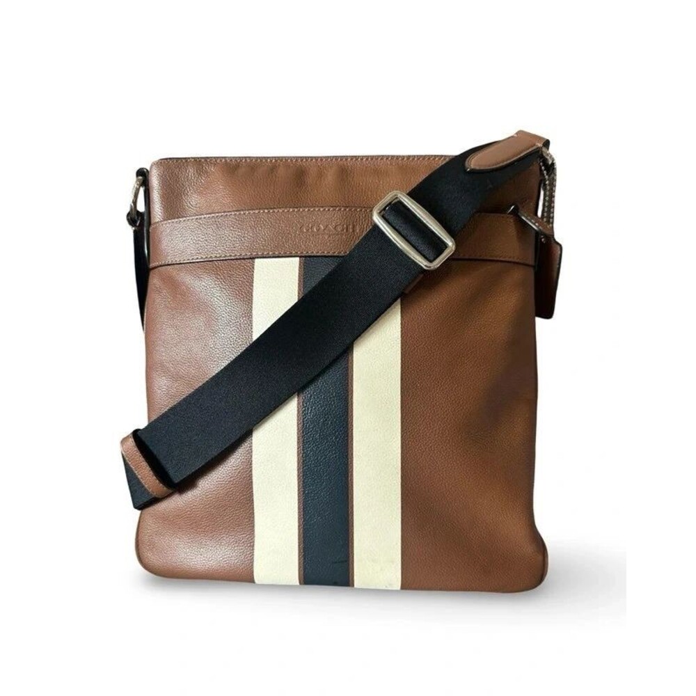 Coach Charles Varsity Stripe Messenger Crossbody Bag Dark Saddle Leather